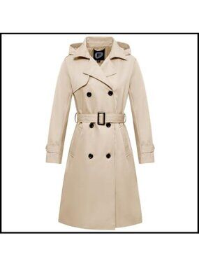 Women's Long Waterproof Trench Coat Double Breasted Belted Detachable Hood